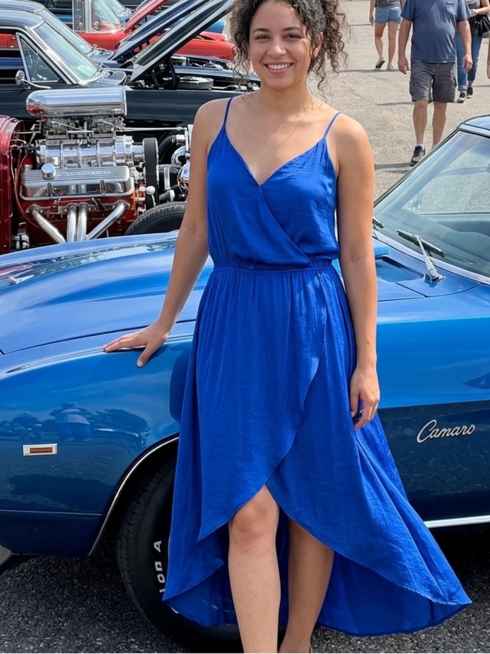 Vibrant Cobalt Blue High-Low Wrap Dress with Ruffle Detail S/M⁠
